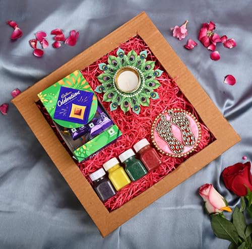 Diwali gifts for employees/diwali gift hamper/diwali gift/gift set-Box of Cadbury Celebration+Lakshmi charan paduka+designer diya+4 rangoli colours+diwali greeting card