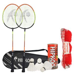 Hipkoo Sports HR 16 Aluminum Badminton Complete Racquets Set | 2 Wide Body Racket, 3 Feather Shuttlecocks and Net | Ideal for Beginner | Lightweight & Sturdy (Orange)