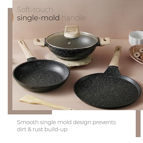 Lifelong 3 Piece Die-Cast Cookware Set With Common Lid & Wooden Spatula| 2.2L Kadhai with Lid 24cm |1.4L Fry Pan 24cm| 1.2L Tawa 28cm| Induction & Gas Compatible |Non-Riveted Handle |Non-Stick Coating - Image 2