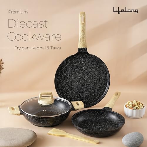 Lifelong 3 Piece Die-Cast Cookware Set With Common Lid & Wooden Spatula| 2.2L Kadhai with Lid 24cm |1.4L Fry Pan 24cm| 1.2L Tawa 28cm| Induction & Gas Compatible |Non-Riveted Handle |Non-Stick Coating - Image 6