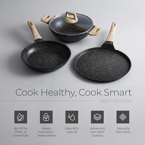 Lifelong 3 Piece Die-Cast Cookware Set With Common Lid & Wooden Spatula| 2.2L Kadhai with Lid 24cm |1.4L Fry Pan 24cm| 1.2L Tawa 28cm| Induction & Gas Compatible |Non-Riveted Handle |Non-Stick Coating - Image 9