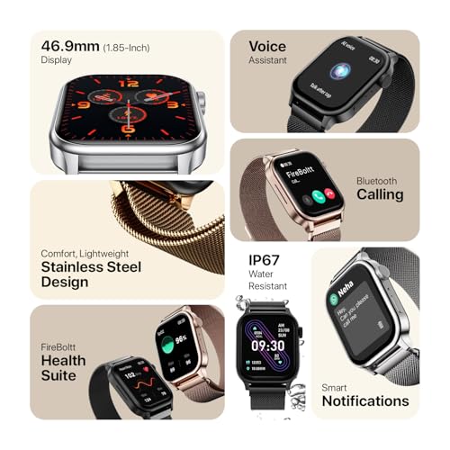 Fire-Boltt Rise Smart Watch, 1.85" HD Display, Metal Body with Bluetooth Calling, Rotating Crown, AI Voice Assistant, 120 Sports Modes, Neon UI, SpO2 & Heart Rate Monitoring (Gold Millanese) - Image 3
