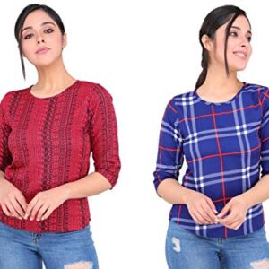 101kart Trendy Regular Top for Women & Girls Combo Pack of 2 (Blue White Check and Maroon, Medium)