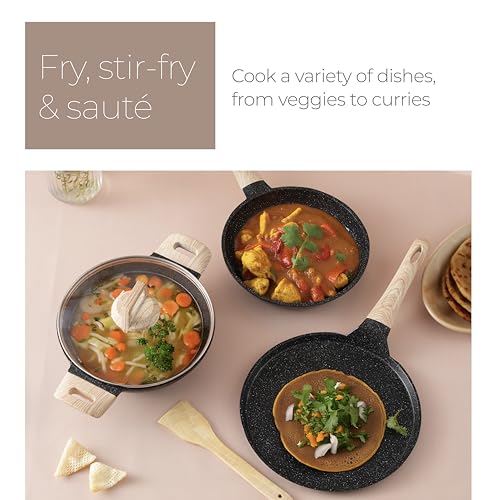 Lifelong 3 Piece Die-Cast Cookware Set With Common Lid & Wooden Spatula| 2.2L Kadhai with Lid 24cm |1.4L Fry Pan 24cm| 1.2L Tawa 28cm| Induction & Gas Compatible |Non-Riveted Handle |Non-Stick Coating - Image 8