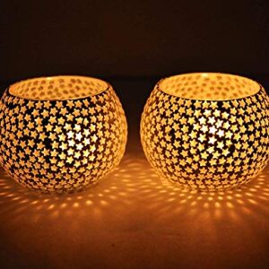TIED RIBBONS Pack of 2 Turkish Mosaic Glass Votive Tealight Candle Holders - Diwali Decorations Items for Home Table Decor Gifts (Glass)