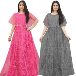 3Buddy Fashion Women's Fit and Flare Maxi Net and Silk Semi-Stitched Gown (Pink-Grey)