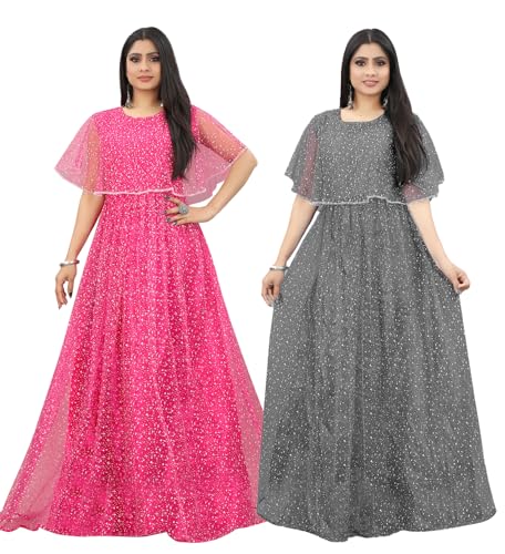 3Buddy Fashion Women's Fit and Flare Maxi Net and Silk Semi-Stitched Gown (Pink-Grey)