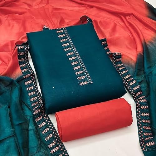 HMP Fashion Womens Bombay Cotton Embroidery Tie Cotton Unstitch dress Material With Chanderi lace bordered Dupatta (AQUA BLUE) - Image 4