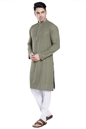 DIVISIVE Men's Sequince Embroidered Cotton Blend Only Slim Fit Kurta (DKRT104_M_Olive Green) - Image 4