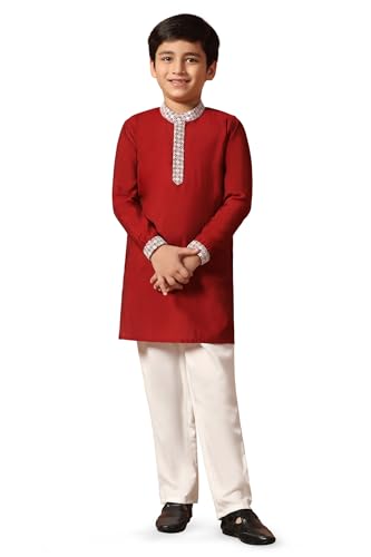 Fashion Dream Boy's Chanderi Silk Embroidered Kurta Pajama Set|Boys Kurta Set|Kids Ethnic Set (FDBSET00124 MRN 6Y_Maroon_6 Years)