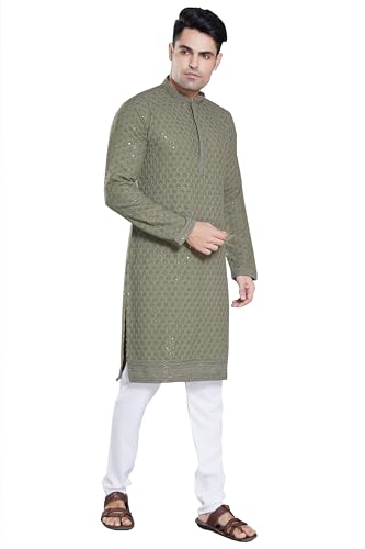 DIVISIVE Men's Sequince Embroidered Cotton Blend Only Slim Fit Kurta (DKRT104_M_Olive Green) - Image 3