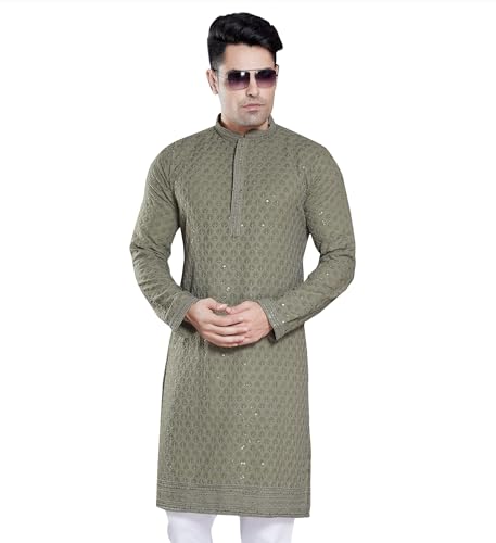 DIVISIVE Men's Sequince Embroidered Cotton Blend Only Slim Fit Kurta (DKRT104_M_Olive Green)
