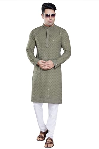 DIVISIVE Men's Sequince Embroidered Cotton Blend Only Slim Fit Kurta (DKRT104_M_Olive Green) - Image 2