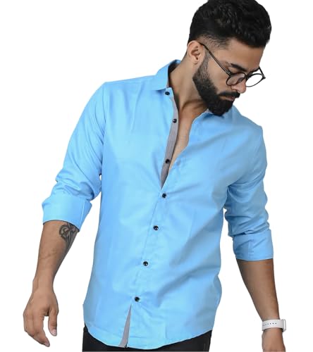 DEELMO Men's Regular Fit Cotton Blend Full Sleeves Solid Casual Shirt Blue