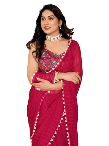 RAJESHWAR FASHION WITH RF Women's Woven Satin Patta Georgette Saree With Blouse_Pink - Image 5