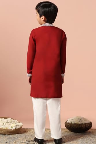 Fashion Dream Boy's Chanderi Silk Embroidered Kurta Pajama Set|Boys Kurta Set|Kids Ethnic Set (FDBSET00124 MRN 6Y_Maroon_6 Years) - Image 2