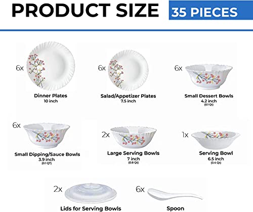 Larah by Borosil Red Bud Silk Series Opalware Dinner Set | 35 Pieces for Family of 6 | Microwave & Dishwasher Safe | Bone-Ash Free | Crockery Set for Dining & Gifting | Plates & Bowls | White,Floral - Image 2