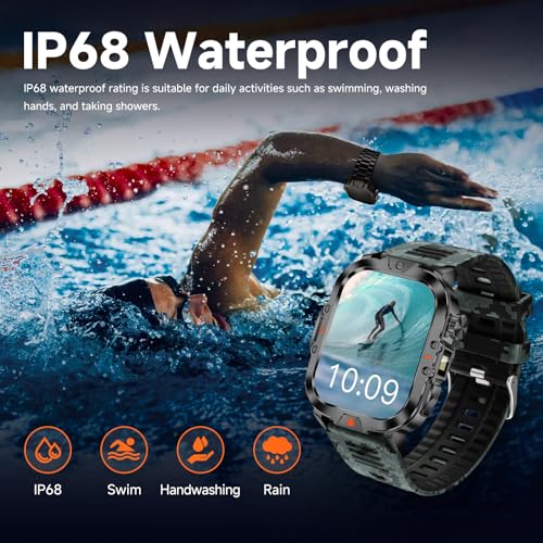 BRUBOSES Smart Watch for Men Military Answer/Make Call 2.01″ Display 170+ Sports Modes Fitness Smart Watch IP68 Waterproof 30 Days Standby Smartwatch for Android iOS Black Camouflage Silicone Strap - Image 3