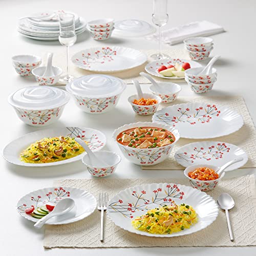 Larah by Borosil Red Bud Silk Series Opalware Dinner Set | 35 Pieces for Family of 6 | Microwave & Dishwasher Safe | Bone-Ash Free | Crockery Set for Dining & Gifting | Plates & Bowls | White,Floral - Image 3
