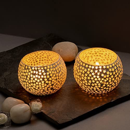 TIED RIBBONS Pack of 2 Turkish Mosaic Glass Votive Tealight Candle Holders - Diwali Decorations Items for Home Table Decor Gifts (Glass) - Image 3
