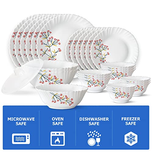 Larah by Borosil Red Bud Silk Series Opalware Dinner Set | 35 Pieces for Family of 6 | Microwave & Dishwasher Safe | Bone-Ash Free | Crockery Set for Dining & Gifting | Plates & Bowls | White,Floral - Image 5
