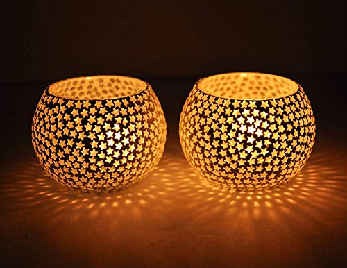 TIED RIBBONS Pack of 2 Turkish Mosaic Glass Votive Tealight Candle Holders - Diwali Decorations Items for Home Table Decor Gifts (Glass)
