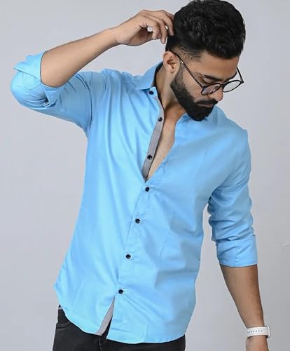 DEELMO Men's Regular Fit Cotton Blend Full Sleeves Solid Casual Shirt Blue - Image 2