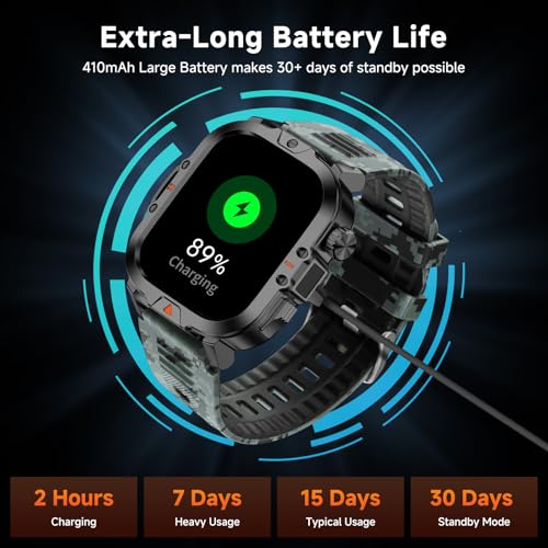 BRUBOSES Smart Watch for Men Military Answer/Make Call 2.01″ Display 170+ Sports Modes Fitness Smart Watch IP68 Waterproof 30 Days Standby Smartwatch for Android iOS Black Camouflage Silicone Strap - Image 4