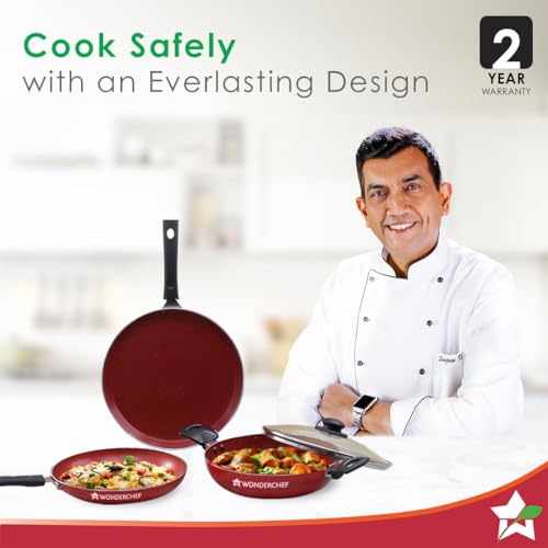 Wonderchef Valencia Non-Stick Cookware 4 Piece Set | Kadhai with Lid 24 cm, Fry Pan 24 cm, Dosa Tawa 28 cm | Cool Touch Bakelite Handles | Pure Grade Aluminium| PFOA Free| 2 Years Warranty | Red - Image 2