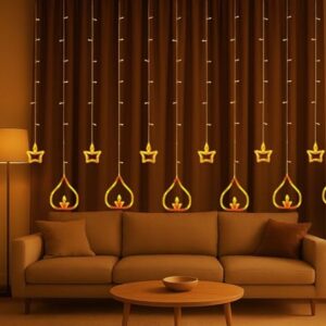 Desidiya® Diya Lights Diwali String Curtain Lights – Warm White Indoor & Outdoor Lights for Home, Wall, Window, Indian Wedding, Garden, Bedroom, Christmas, Party, and Festive Decor- Corded Electric