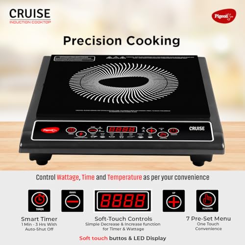 Pigeon by Stovekraft Cruise 1800 watt Induction Cooktop With Crystal Glass,7 Segments LED Display, Auto Switch Off - Black - Image 3