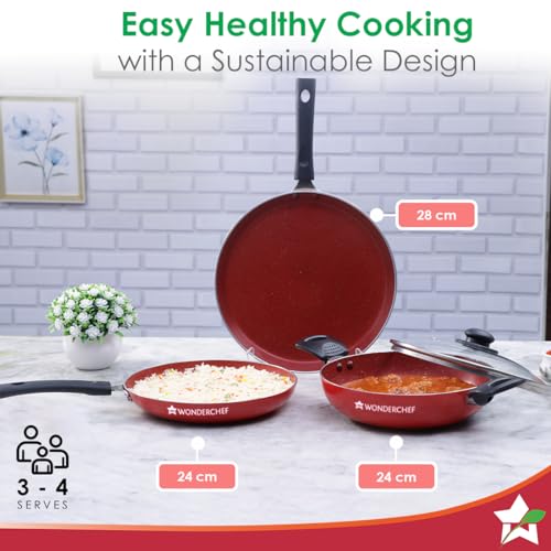 Wonderchef Valencia Non-Stick Cookware 4 Piece Set | Kadhai with Lid 24 cm, Fry Pan 24 cm, Dosa Tawa 28 cm | Cool Touch Bakelite Handles | Pure Grade Aluminium| PFOA Free| 2 Years Warranty | Red - Image 6