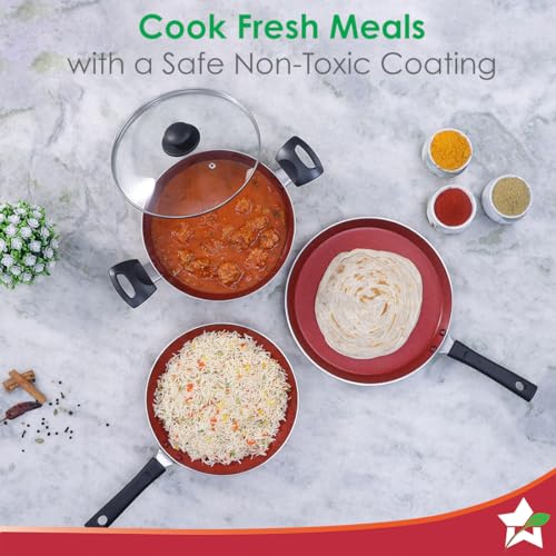 Wonderchef Valencia Non-Stick Cookware 4 Piece Set | Kadhai with Lid 24 cm, Fry Pan 24 cm, Dosa Tawa 28 cm | Cool Touch Bakelite Handles | Pure Grade Aluminium| PFOA Free| 2 Years Warranty | Red - Image 7